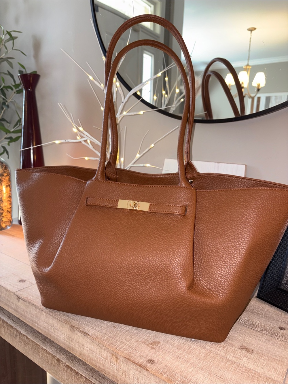 Brown Pebbled Leather Tote with Gold Tone Accent